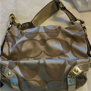 Coach Carly Signature Gold Leather Trim G0826-13008 Khaki Sateen Canvas Hobo Bag
